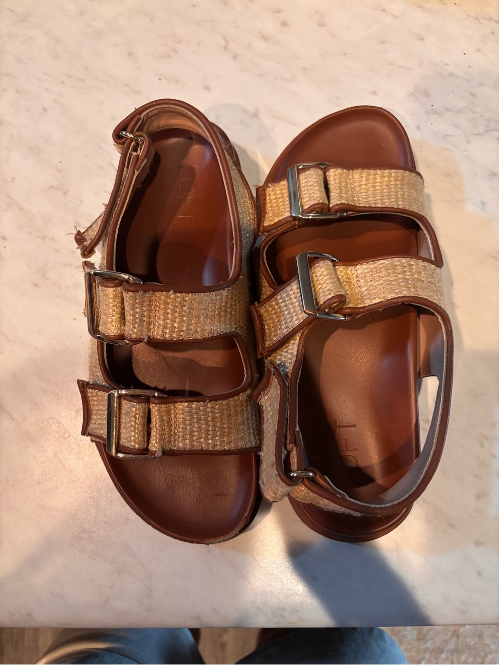 LOFT Tan and Brown Buckle Strap Raffia Sandals